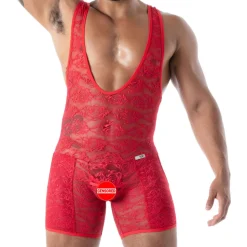 Body à Poches en Dentelle Fluide Rouge