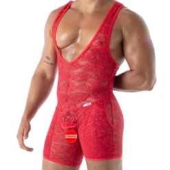 Body à Poches en Dentelle Fluide Rouge