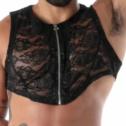 Crop Top Zippé en Dentelle Fluide Noir