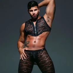 Crop Top Zippé en Dentelle Fluide Noir