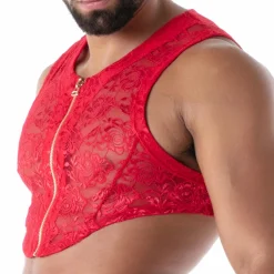 Crop Top Zippé en Dentelle Fluide Rouge