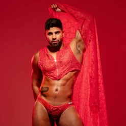 Crop Top Zippé en Dentelle Fluide Rouge