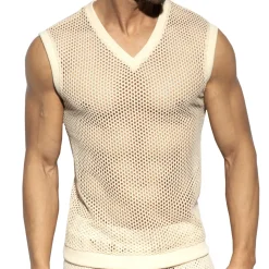 Débardeur Col V Crochet Beige