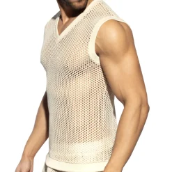 Débardeur Col V Crochet Beige