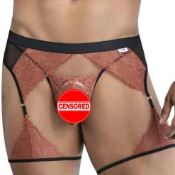 Ensemble Jarretière - String Ficelle Dentelle Terracotta