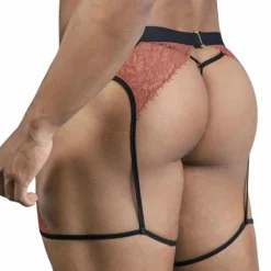 Ensemble Jarretière - String Ficelle Dentelle Terracotta