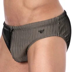 Slip de Bain Rayé Noir - Beige