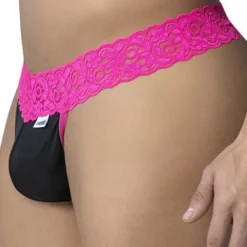 String Résille Dentelle Noir - Fuchsia