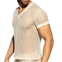 T-Shirt Col V Crochet Beige