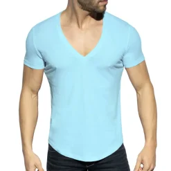 T-Shirt Col V Plongeant Bleu Ciel