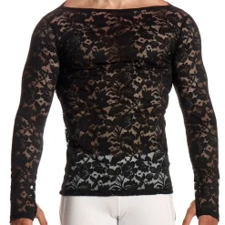 T-Shirt Manches Longues Dentelle Florale Noir