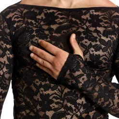 T-Shirt Manches Longues Dentelle Florale Noir